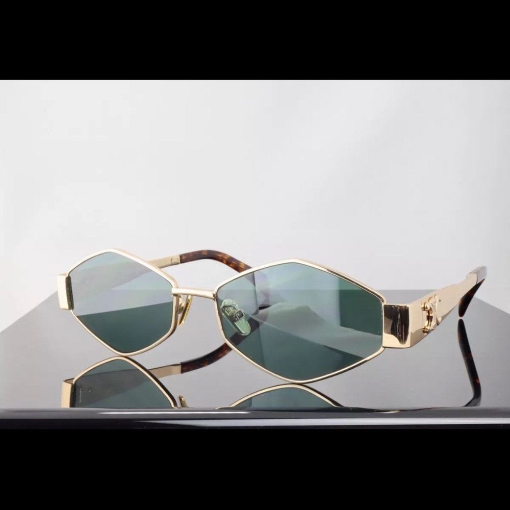 Celine Triomphe Metal CL40254U 30N Gold / Green Lenses Geometric  Sunglasses